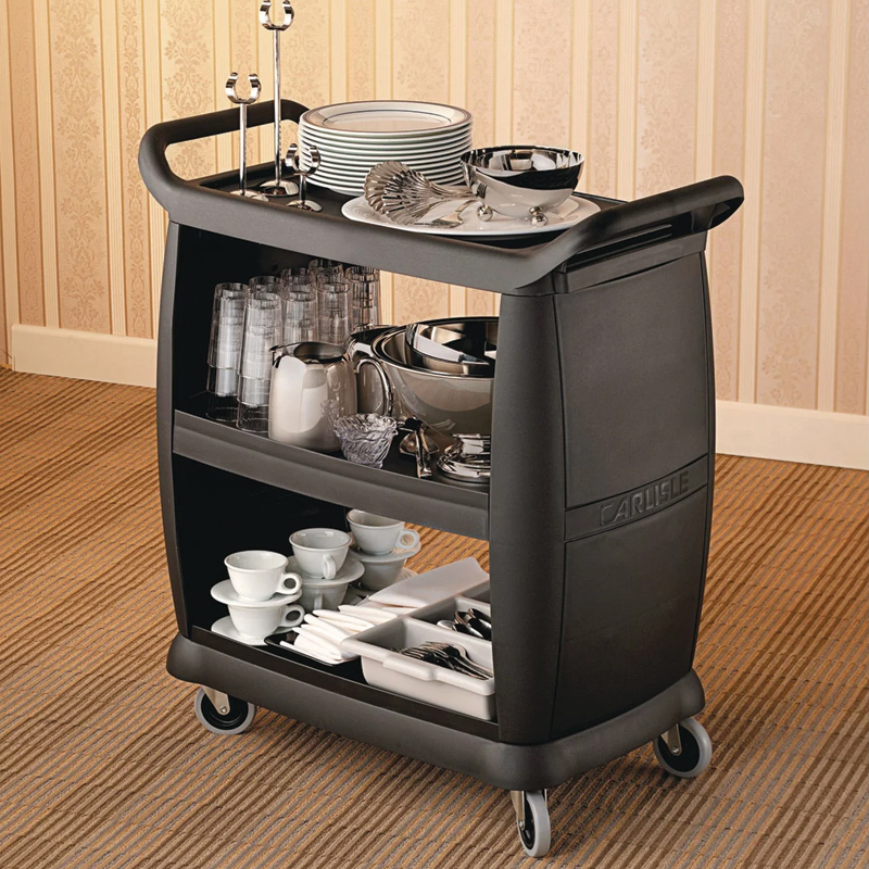 Boardwalk® Bussing Cart, Plastic, 3 Shelves, 300 lb Capacity, 18 x 36.25 x 38, Black