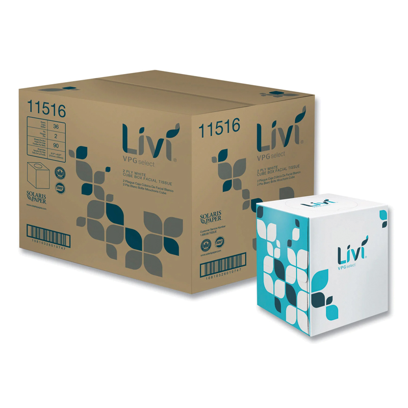 Livi® VPG Select, Cube Facial Tissue, 2-Ply, White, 90 Sheets/Box, 36 Boxes/Carton