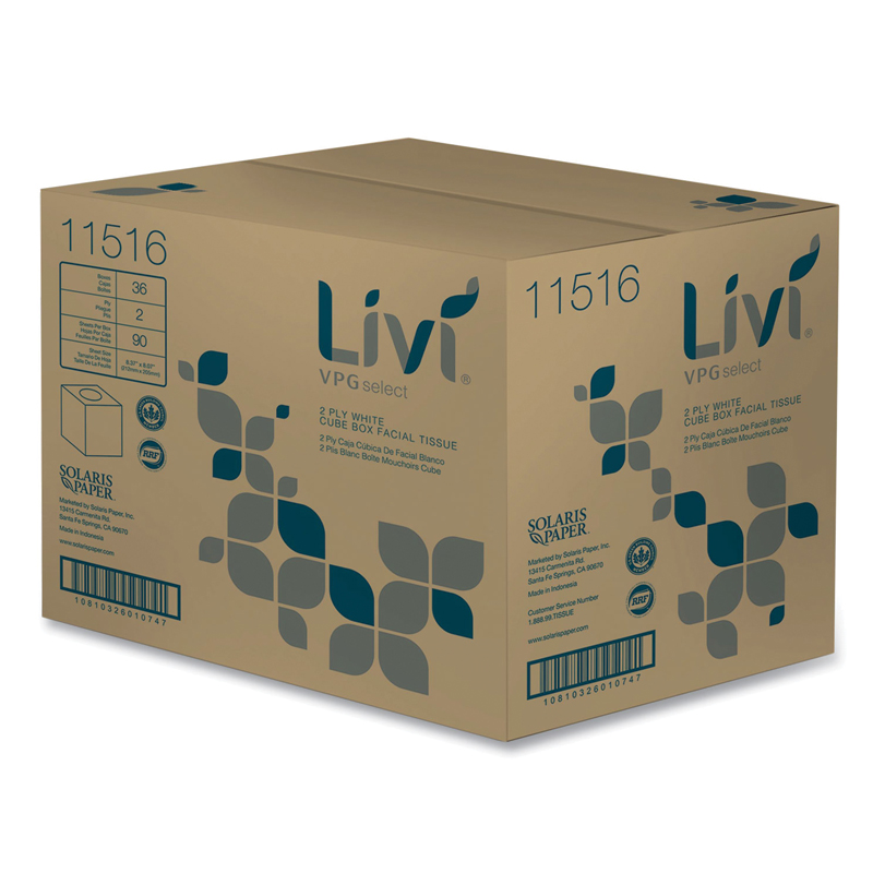 Livi® VPG Select, Cube Facial Tissue, 2-Ply, White, 90 Sheets/Box, 36 Boxes/Carton