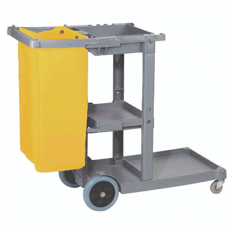 Boardwalk® Janitor's Cart, Plastic, 4 Shelves, 1 Bin, 19" x 45" x 39", Gray