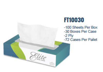 [FT10030] Elite Flat Box Facial Tissue, 2-Ply, White, 100 Sheets/Box, 30 Boxes/Carton